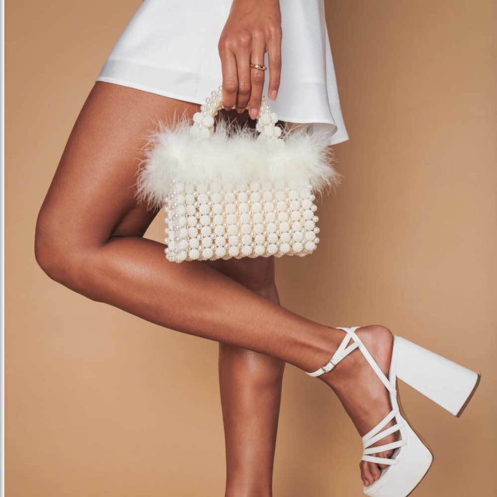 New I Do Bag with Pearls and White Feathers